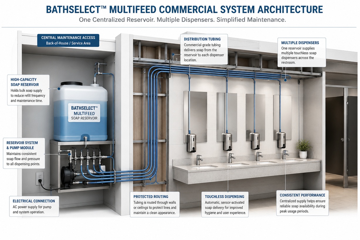 BathSelect MultiFeed commercial system architecture showing one centralized soap reservoir supplying multiple automatic dispensers